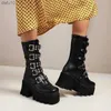 Punk Gothic Platform Laarzen Vrouwen Rits Zwarte Gesp Wig Schoenen Half Kalf Militaire Combat Winter L230704