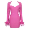 Casual Dresses Elegant Luxury Women's Dress U-Heck Square Shoulder Cuffs With Feather Pink Bandage Ball Gown Evening