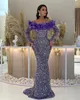 Robe de soirée sirène violette plumes hors épaule paillettes robes de bal de soirée manches longues train de balayage robe longue formelle pour une occasion spéciale de tapis rouge