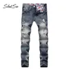 Jeans pour hommes Silentsea Fashion Biker Button Pants Designer à la mode Mens High Quality Blue Color Straight Ripped For Men209s