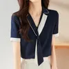 Vrouwen Blouses 2023 Zomer Mode Chiffon Tops Voor Vrouwen Korte Mouw Patchwork V-hals Losse Shirt Office Lady Kleding blusa Feminina