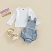 Kläder sätter fokusnorm 0-24m Autumn Baby Girls Boys Söta kläder 2st Solid Long Sleeve Pullover Tops Overalls Romper