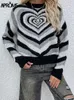 Women's Sweaters Aproms Elegant Multi Heart Print Loose Pullovers and Sweaters Women 2022 Winter Warm Knitted Jumper Female Fashion Top L230718