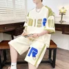 Agasalhos masculinos verão streetwear conjunto de letras de shorts jovens bonitos camiseta de manga curta masculino tamanho grande terno colegial