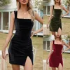 Casual Dresses Women Square Neckline Detail Backless Pleated Camisole Dress Ruffle Straped Solid Outfits Bodycon Sexy Cloth