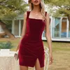 Casual Dresses Women Square Neckline Detail Backless Pleated Camisole Dress Ruffle Straped Solid Outfits Bodycon Sexy Cloth