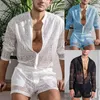 Survêtements pour hommes Sexy dentelle évider costume mode chemise à manches longues Shorts décontracté és vêtements couleur unie correspondant été pour homme