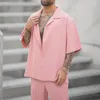 Fatos masculinos rosa casual terno moda lapela camisa superior e calças conjunto na moda cor sólida blazer calças de duas peças conjunto roupas masculinas 230717