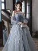 Haze Blue Celebrity Axless Beading Ruffle A-Line Tulle Ceremony Half Sleeve Lace-up Quinceanera Ball Evening Party Host Prom Gowns