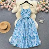 Casual Dresses Summer Ins Little Floral Print Spaghetti Strap Holiday Dress For Women Sexy Draped High Waist Backless Bohemian Long