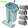 MOPS 360 Roterande platt mopp med hink Microfiber Squeeze Hand Free Wringing Floor Cleaning Kitchen 230717