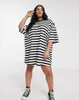 Plus size Dresses Plus Size Drop Shoulder Casual Striped Dress Women Half Sleeve Black Summer Spring Knee Length Knitting T-shirt Shift Dress 6XL 230718