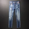 Męskie dżinsy mody streetwear men retro jasnoniebieski elastyczny szczupły rozryte Painted Designer Hip Hop Denim Pencil Pants Hombre 230718