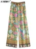 Pantaloni da donna Capris Vintage Chic Donna Pavone Stampa floreale Pantaloni a gamba larga bohemien Lady Vita elastica Pantaloni larghi in rayon Boho Pantaloni oversize 230717