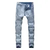 Men's Jeans High Street Scratched Holes Pleated Slim Fit Pants Vintage Blue Hip Hop Male Pencil Straight Denim Trousers
