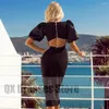 Party Dresses Simple Length Cocktail Dress Black Short Puff Sleeve Backless Prom Gowns For Woman Elegant Pleated Straight 2023