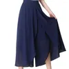 Women's Pants Women Skirt See-through Chiffon Lady Trousers Double Layers Split Hem Cropped Pant Solid Color Elastic Waist Wide Leg