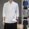 Camisetas masculinas Camisa de verão masculina estilo chinês pulôver cor sólida manga três quartos macio uso diário secagem rápida decote em V top masculino