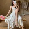 Casual Dresses Fashion Summer Korean Vintage Sexig ärmlös Long Party Ladies Elegant Robe Backless Ruffle Split Satin Fishtail Dress