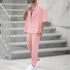 Men's Tracksuits Men's Pink Casual Suit Fashion Lapel Shirt Top and Trousers Set Trendy Solid Color Blazer Pants Two Piece Set Men's Clothing 230717