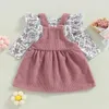 Conjuntos de roupas infantil bebê recém-nascido meninas vestido 2pcs conjunto manga longa coelho flor impressão e coração retalhos suspender vestido