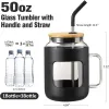 50oz Glazen Tumbler met Bamboe Deksel en Stro Glazen Waterflessen met Handvat en Siliconen Sleeve Herbruikbare Mok Cup JY18