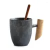 Tasses Soucoupes Mug Pegangan Kayu Retro Kreatif Dengan Sendok Cangkir Teh Keramik Kopi Kantor Rumah Gaya Jepang