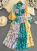 Robes décontractées imprimé Robe de plage femme simple boutonnage à manches longues lanterne vacances ceinture revers a-ligne été coloré Robe 2023