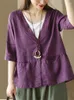 Kvinnorjackor 2023 Summer Flax Thin Women Retro Simple V-Neck Half Sleeve Casual Tops Ladies Coat