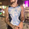 Regatas Masculinas Moda Masculina Impressão 3D Malha Transparente Decote O Sem Mangas Coletes Casuais 2023 Skinny Sexy Clothing S 5XL INCERUN 230718