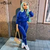 Women's Two Piece Pants FQLWL Fall Streetwear 2 Two Piece Sets Tracksuit Women Outfits Long Sleeve Crop Top Joggers Pants Suits Blue Matching Sets 230717