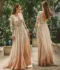 Champagne Boho Beach Wedding Gowns Sexy Deep V Neck Long Sleeves Backless Floor Long Country Garden Bridal Dress Plus Size