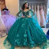 Green Princess Floral 3DFlowers Sexy V Neck Prom Dress 2024 Quinceanera pärlor med Cape Corset Sweet 15 16 Girls Dress