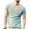 Herr t-skjortor 2023 sommar ungdom älskling hals t-shirt bomull bambu v-hals smal passform fast färg mångsidig kort ärm