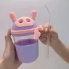 Tazze Tazza da cartone animato 3D Bottiglia d'acqua Kawaii Vetro ecologico con occhiali di cannuccia Tazze carine Bottiglia d'acqua