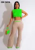 Women's Two Piece Pants CM.YAYAYA Knitted Crochet Hole Beach Women's Set Tank Top Wide Leg Pants Summer Two Piece Set 230718