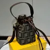 Women Bucket Bag Brown Leather Mini Buckets Bags With Drawstring And Metal Embellished In Black Hand-painted Raised Pattern F 2307182BF