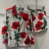 Survêtements pour femmes Rouge RoosaRosee Mode Coton Twinset Vintage Col Rabattu Imprimer Blouse Shorts Resort Costumes Ensemble 2023 Printemps Été