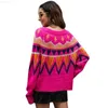 Women's Sweaters Womens Fluorescent Powder Sweater Spring Autumn Raglan Sleeve Geometric Jacquard Casual Loose Knitted Pullover Tops Jumpers L230718