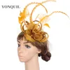 Bandane Durag Vintage Gold Sinamay Base Fascinator Copricapo Occasioni Veli da sposa rossi Accessori per capelli Piuma Millinery Cappello da cocktail MYQ010 230718