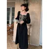 Vestidos casuales EWSFV 2023 Otoño Moda Mujer Patchwork Vintage Corte Estilo Retro Faja Vestido Temperamento Hada Cintura-Adelgazamiento Largo