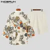 Men's Tracksuits INCERUN Men Sets Printing Streetwear Half Sleeve Open Stitch Shirt Kimono Shorts 2PCS Retro Cotton Men Casual Suits S-5XL 230717