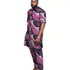 Homens Tracksuits Homens Africanos Imprimir Set Long Placket Tops Cintura Elástica Calças Nigerian Moda Mangas Curtas Noivo Terno para