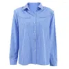 Women's Blouses Blue Striped Button Up Shirt For Women Spring 2023 Fashion Shoulder Pad Long Sleeve Cotton Loose Top Office Lady Business