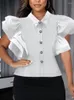 女性のブラウス女性ブラウスシャツ上品なフリルトップターンダウンカラーボタンショートフレアスリーブオフィスレディエレガントパーティーイベントプロムサマー
