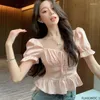 Vrouwen Blouses Chic Korea Off Shoulder Crop Tops Blusas Vrouwen 2023 Zomer Effen Vlinderdas Slanke Taille Een lijn Buik Peplum Korte Shirts