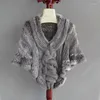 Scarves Women Knitted Real Fur Shawl With Wave Cut Warm Fashion Genuine Cape Luxury Female Poncho