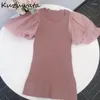 Chandails pour femmes Kuzuwata 2023 automne mode femmes pulls O cou lanterne à manches courtes solide tricoté pulls tempérament doux