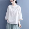 Etniska kläder cheongsam kvinnors plus size topps 2023 sommar bomullsblandning splittring broderi stativ krage kinesisk stil qipao skjortor kvinna