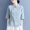 Этническая одежда 2023 китайская винтажная блузка Qipao Women Zen Рубашка национальная хлопковая льня